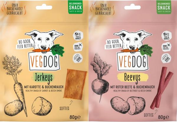 9x VegDog Snack Beevys/Jerkeys 80g